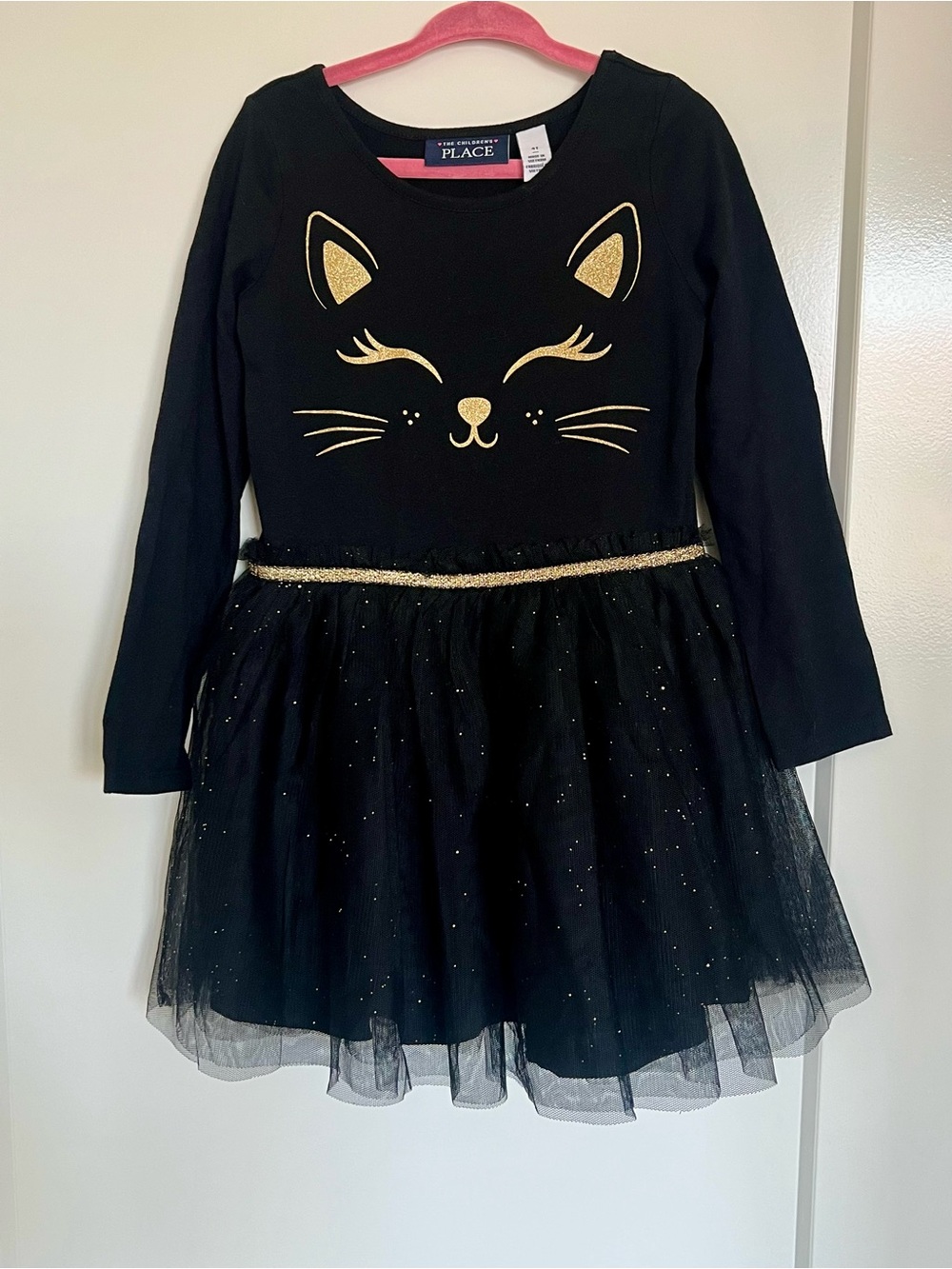 The Children's Place Black Dress with Gold Cat Face & Tulle Skirt